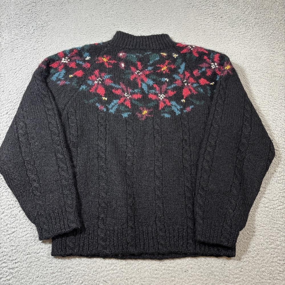 VTG LL Bean Sweater Women's M Black Mohair Wool Floral Yoke Pullover 80s Mock - Picture 5 of 6